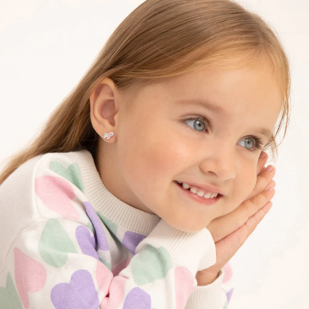 925 Rhodium & Enamel Unicorn Stud Earrings for Kids (Ages 4-15)